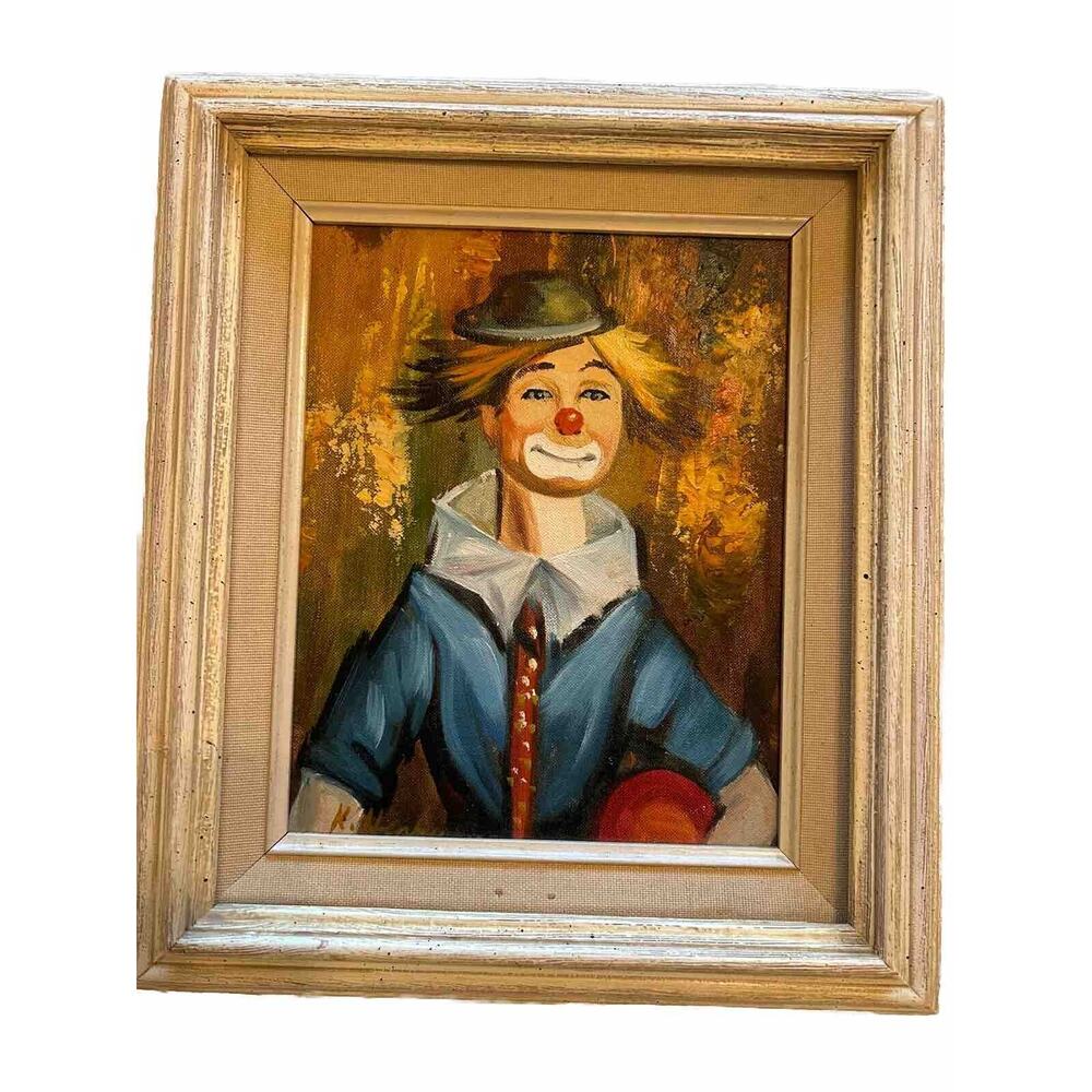 Kitsch French Vintage 1970s Sad Clown in Bowler Hat Framed Picture 12.5” X 14.5”